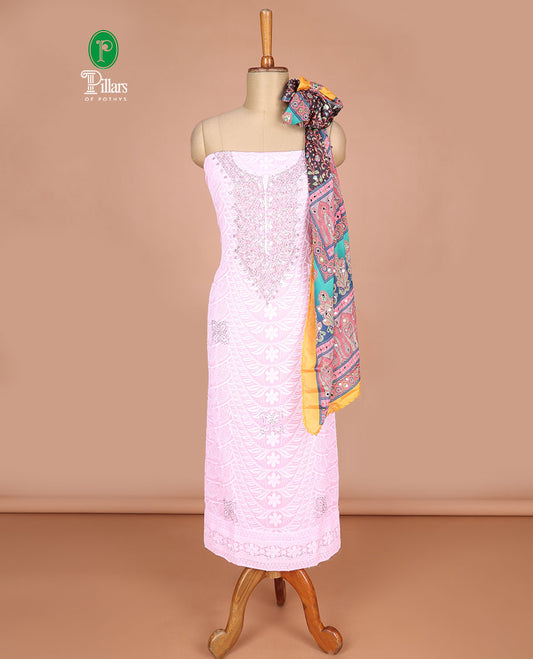 Baby  pink chudidhar material shifili with sequins, stone work , flower design top with crape material pants & chinnon material digital print print , mirror work dupatta