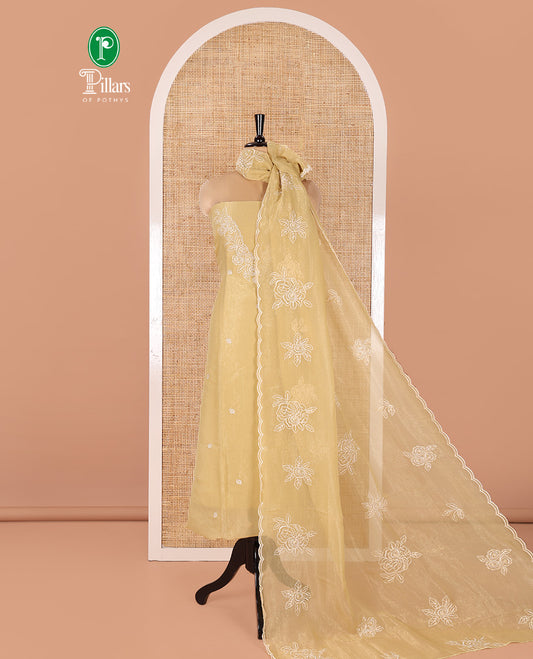 Gold Shimmer Georgette Material Chudidar Set, Gracefully Embellished with Floral Thread Embroidery on Its Top, a Plain Santoon Bottom, and Comes with a Floral Embroidered Shimmer Georgette Dupatta