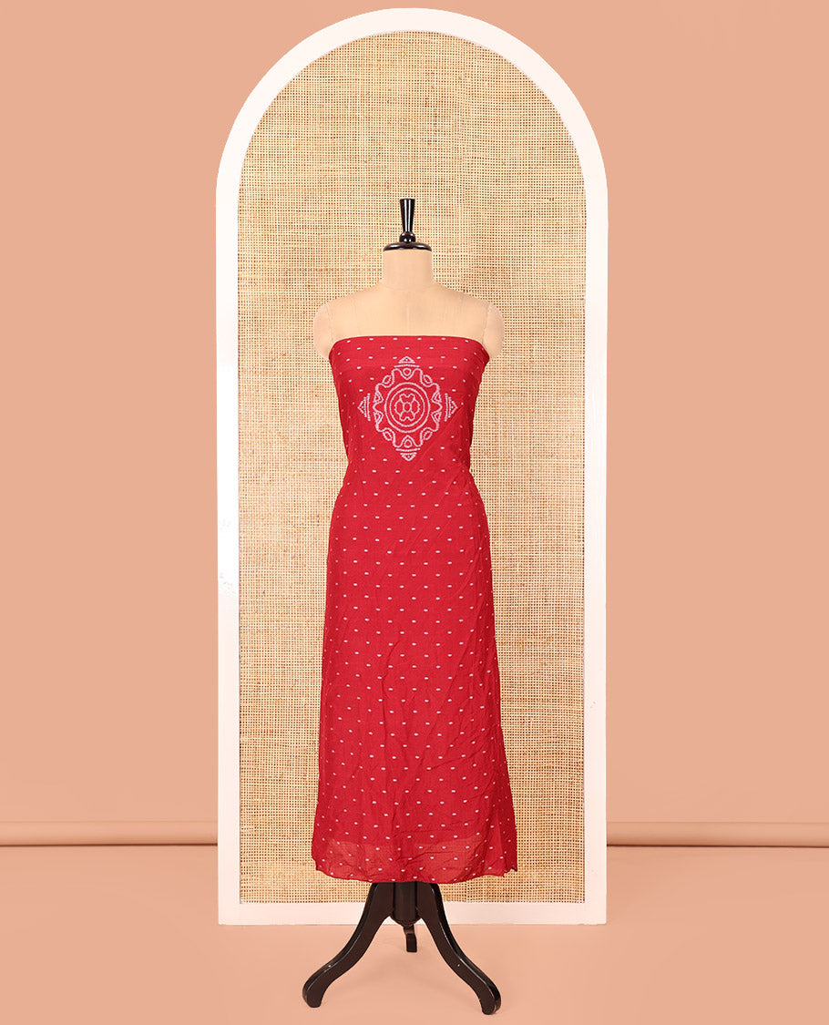 Red Mul Chanderi Material Chudidar Set, Subtly Printed with Bandhani-Style Printed Top, a Plain Santoon Bottom, and Paired with a Matching Mul Chanderi Bandhani-Dotted and Zari-Woven Dupatta