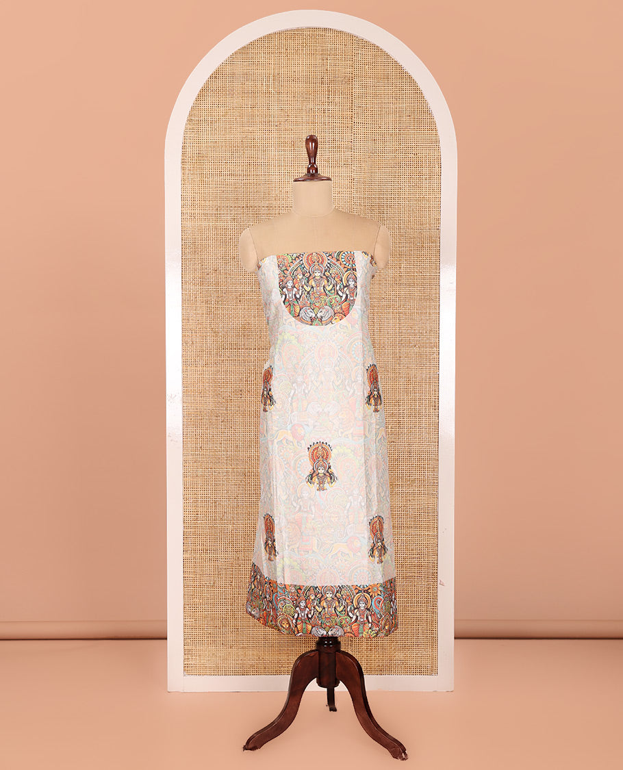 Cream Semi-Silk Material Chudidar, Goddess Durga-Theme Printed Top, Santoon Bottom, and Printed Dupatta