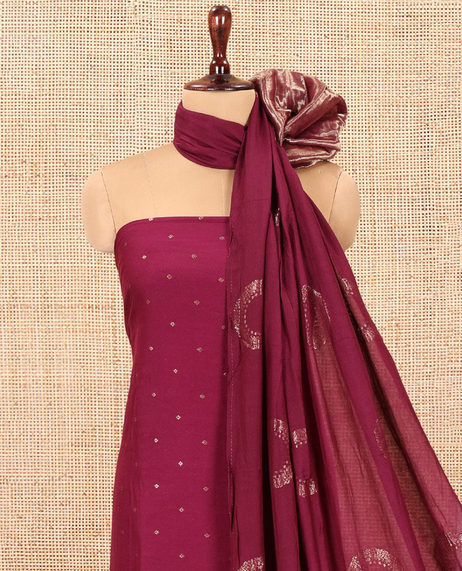 Wine Mul Chanderi Material Chudidar Set, Subtly Sparkled with Buttas Top, a Matching Bottom, and a Circle Motif Woven Dupatta