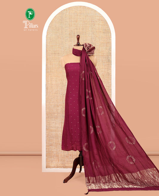Wine Mul Chanderi Material Chudidar Set, Subtly Sparkled with Buttas Top, a Matching Bottom, and a Circle Motif Woven Dupatta