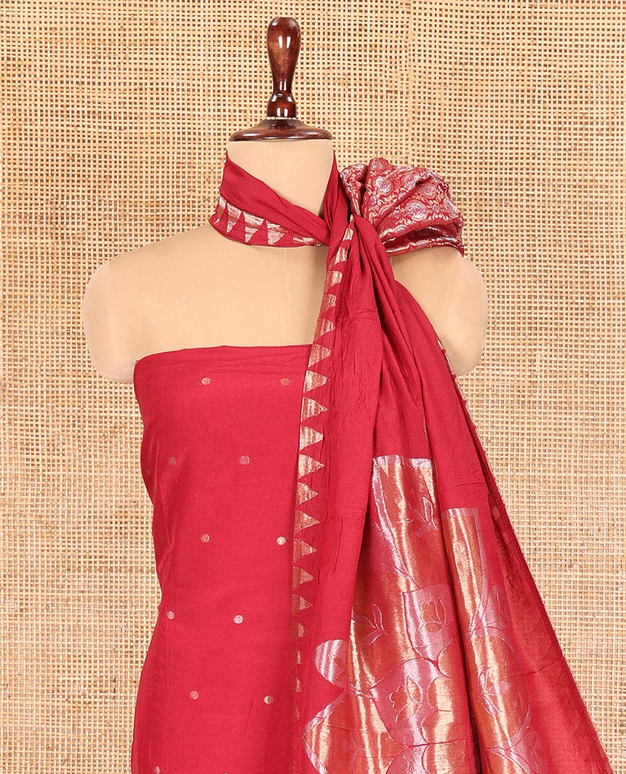 Red Semi-Silk Material Churidar Features Zari Buttas Skirt, a Plain Bottom, and a Floral Motif Zari Woven Dupatta