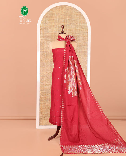 Red Semi-Silk Material Churidar Features Zari Buttas Skirt, a Plain Bottom, and a Floral Motif Zari Woven Dupatta