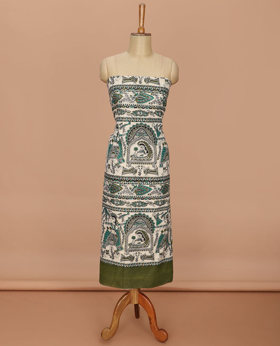 Mehendi green madhubani print design bhagalapur cotton chudidhar material top with cotton material daman madhubani ptint pants & madhubani printed dupatta