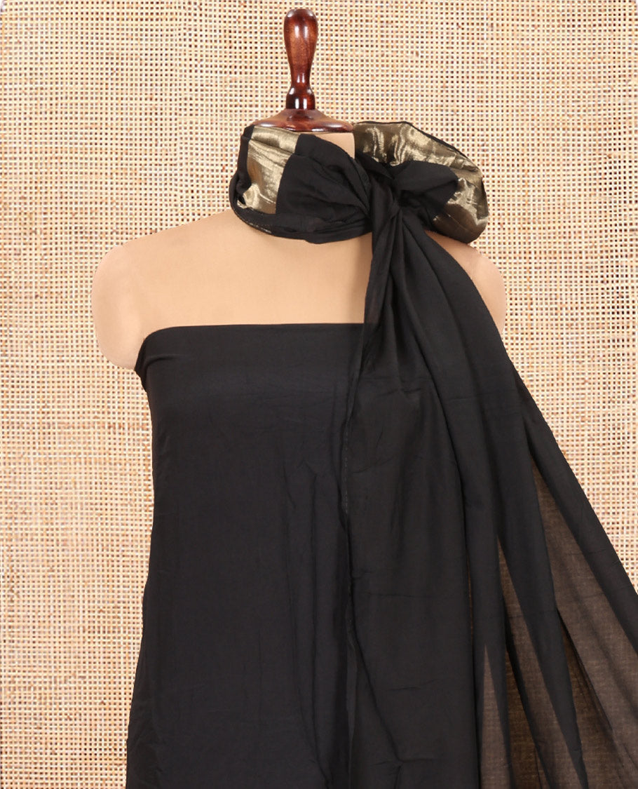 Black Mul Chanderi Material Chudidar Features Jamdani-Floral Top, Plain Bottom, Jamdani-Floral Dupatta