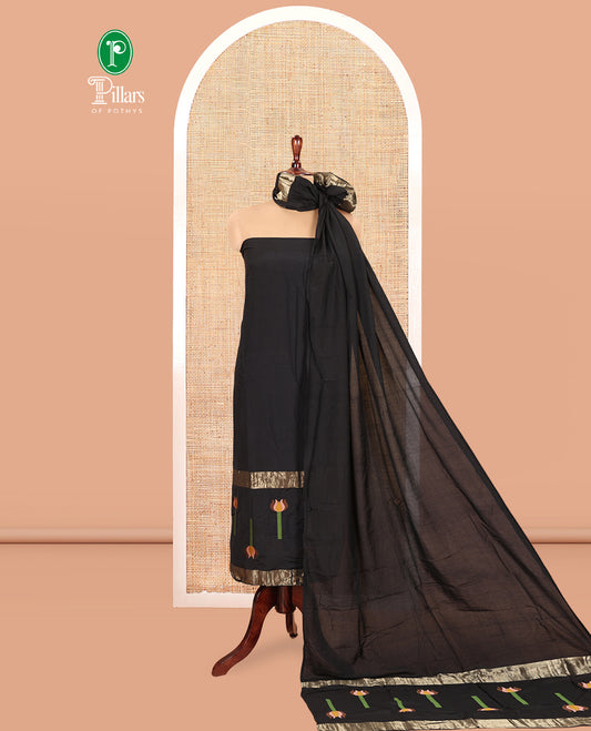 Black Mul Chanderi Material Chudidar Features Jamdani-Floral Top, Plain Bottom, Jamdani-Floral Dupatta