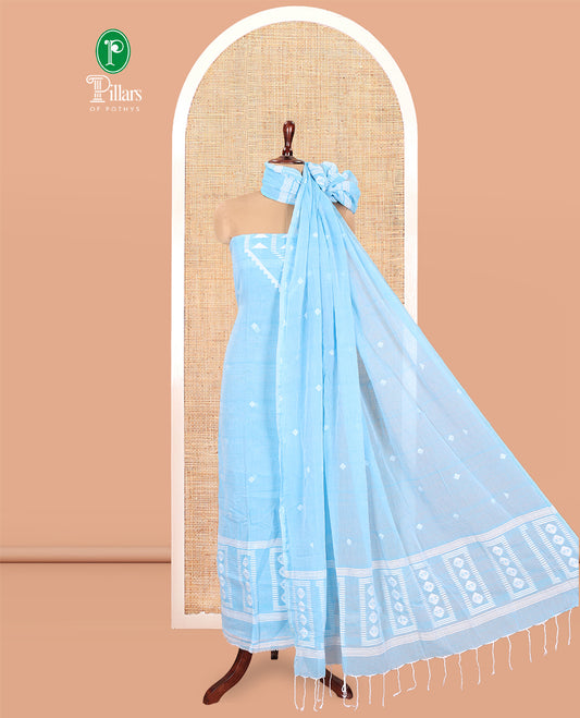 Blue Mul Cotton Material Chudidar Features Jamdani-Style Top, Striped Bottom, a Jamdani Dupatta