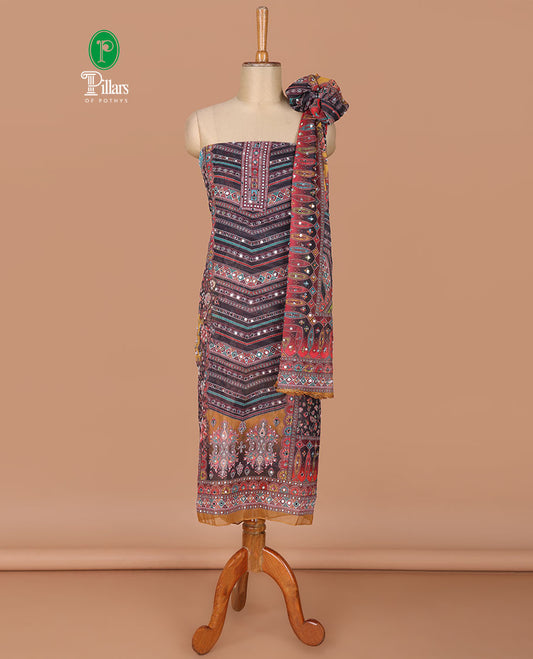 Multi-color georgette digital print, mirror work chudidhar material top with santoon material pant & digital, print mirror work dupatta