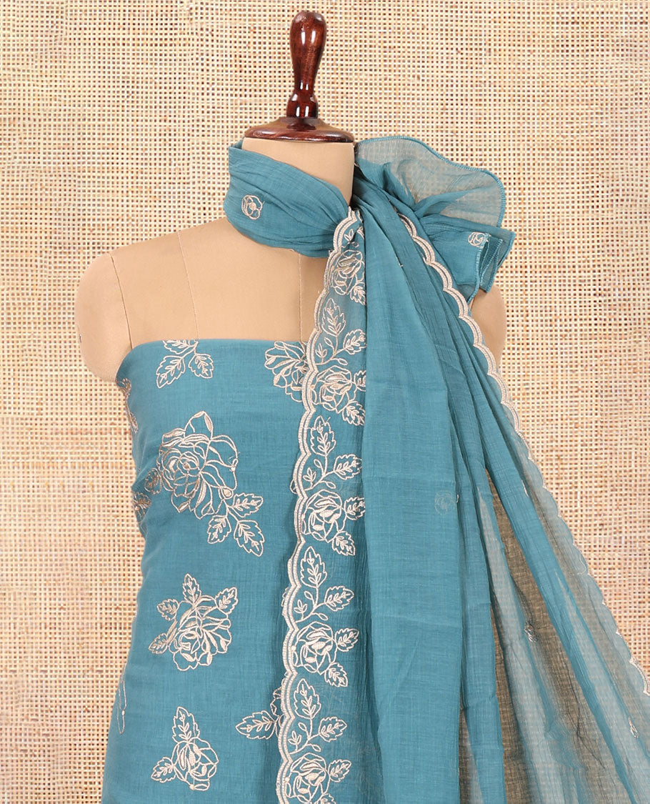 Sea Blue Mul Crush Chanderi Material Chudiddar, Floral Embroidered Top, Plain Bottom, Embroidered Dupatta