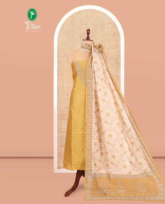 Mustard Chanderi Tissue Material Chudiddar, Buttas Neckwork Top, Plain Bottom, Contrast Floral Dupatta