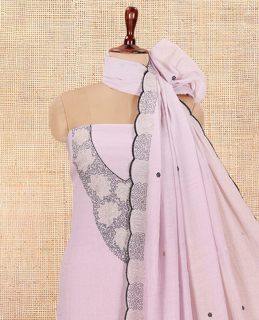 Lavender Mul Chanderi Material Chudiddar, Floral Embroidered Top, Plain Bottom, Embroidered Dupatta