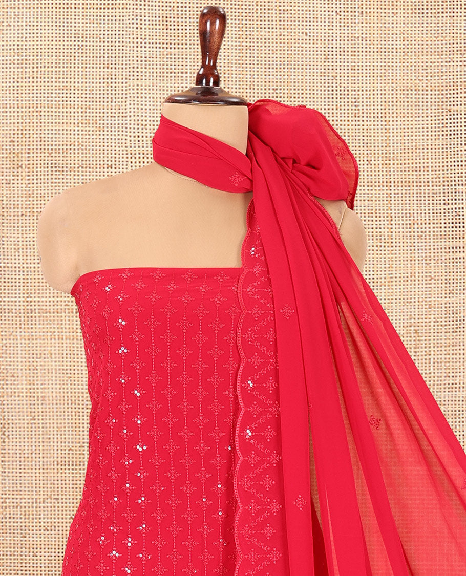 Rani Pink Georgette Material Churidar, Woven with Sequins Embroidered Top, a Matching Bottom, and Embroidered Dupatta