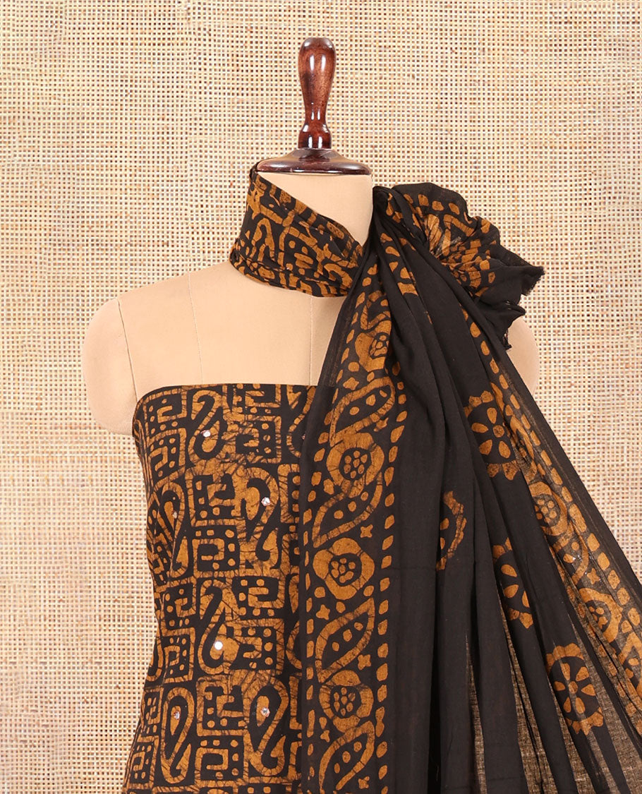 Black-Orange Cotton Material Churidar Set, Paisley Batik Printed Top, a Matching Bottom, a Batik Printed Dupatta