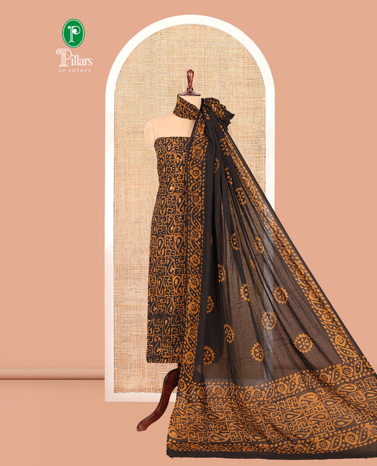 Black-Orange Cotton Material Churidar Set, Paisley Batik Printed Top, a Matching Bottom, a Batik Printed Dupatta