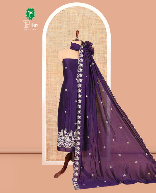 Violet Semi-Silk Material Churidar Features a Floral Embroidered Top, a Matching Bottom, Embroidered Dupatta