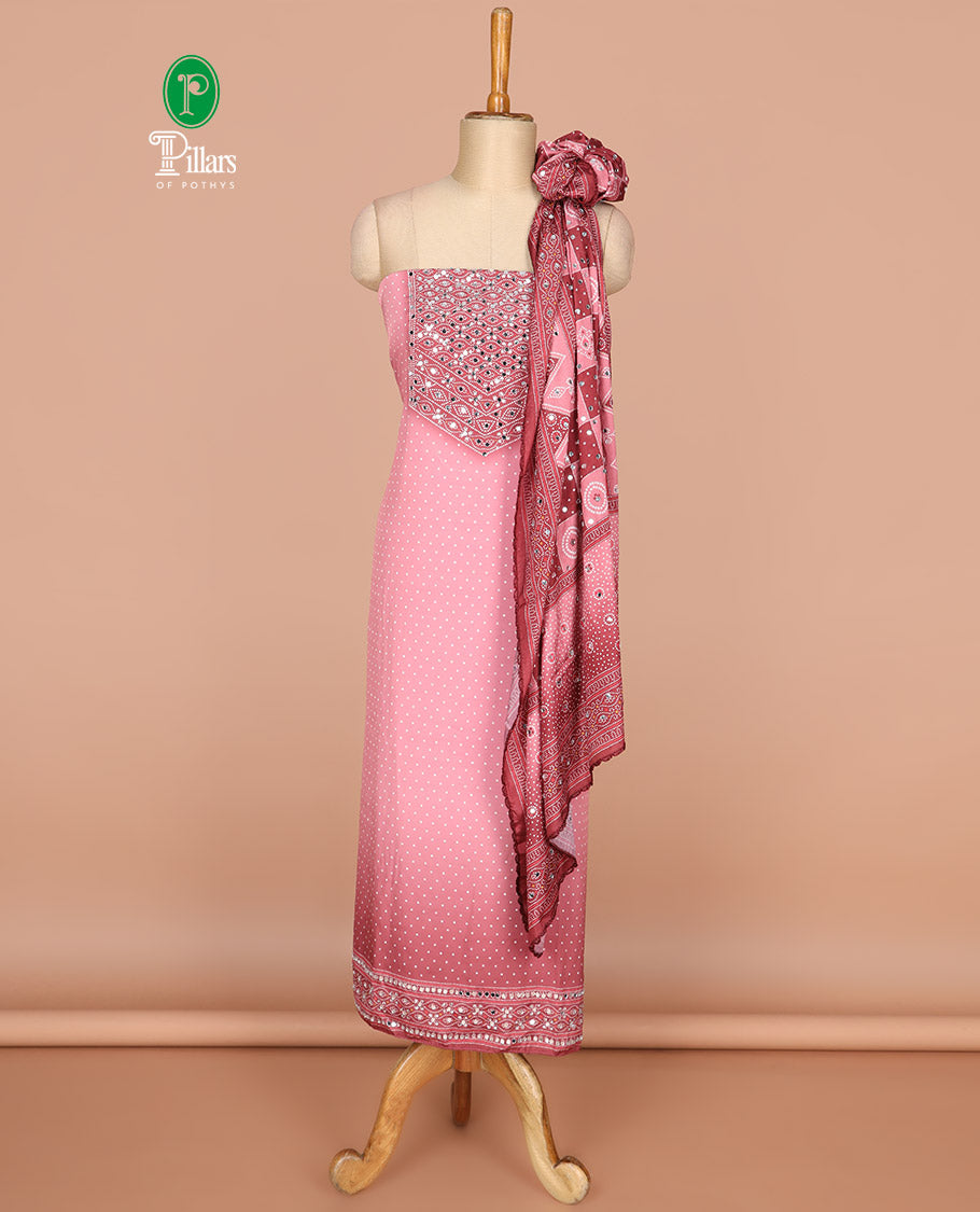 Dark pink bhandani print, stone,mirror work crepe chudidhar  material top with american crepe pant & chinnon material bhandani print, mirror work dupatta