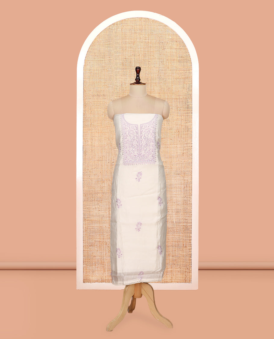 Cream-Lavender Mul Chanderi Material Churidar Features Thread-Sequins Embroidered Top, a Contrast Bottom, Scallop Embroidered Dupatta