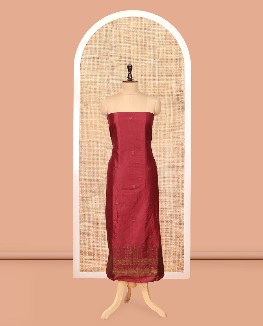 Maroon Semi Silk Material Chudidar Set, Adorned with Copper Zari Intricate Design Woven Top, a Santoon Bottom, Matching Dupatta