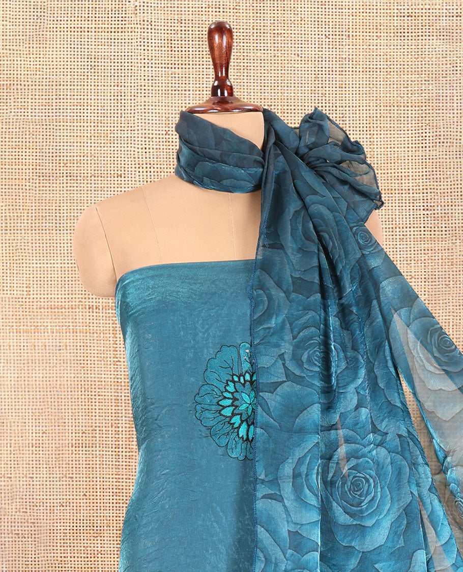 Rama Blue Velvet Organza Designer Material Chudidar, Floral Embroidery Top, Plain Bottom, Rose Printed Dupatta