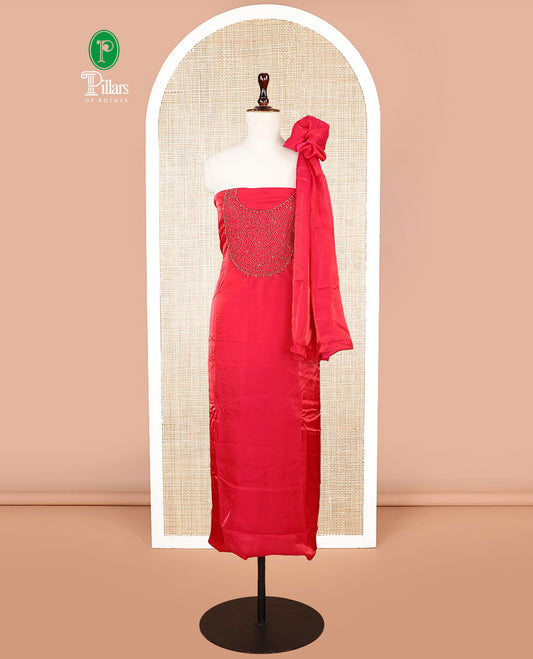 Red moti handwork velvet organza chudidhar material top with american crepe pant & one side handwork dupatta