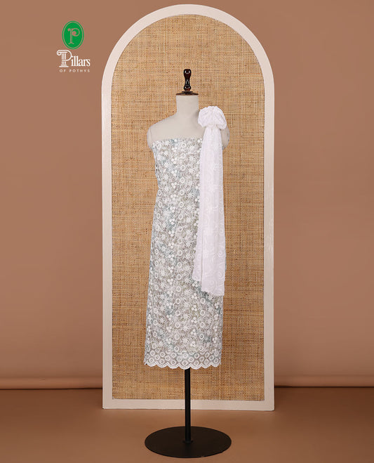 Ash chudidar material set, shibori-print & floral vine chikankari embroidered top,printed cotton bottom & floral chikankari embroidery chiffon dupatta