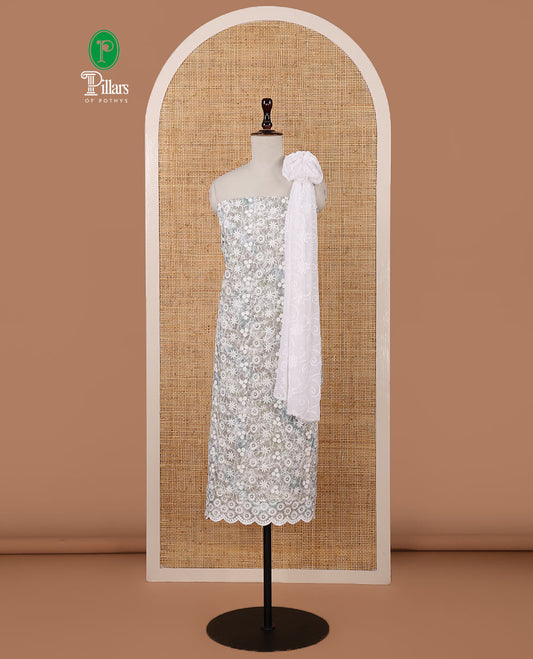 Ash chudidar material set, shibori-print & floral vine chikankari embroidered top,printed cotton bottom & floral chikankari embroidery chiffon dupatta