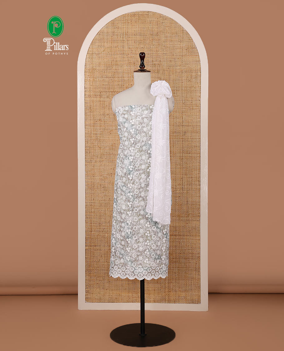 Ash chudidar material set, shibori-print & floral vine chikankari embroidered top,printed cotton bottom & floral chikankari embroidery chiffon dupatta