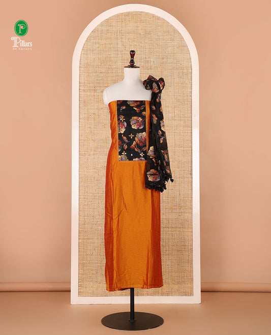 Yellow chudidhar material,brasso floral print & mirrorwork patch neck vichitra silk top,santoon bottom & brasso floral print dupatta