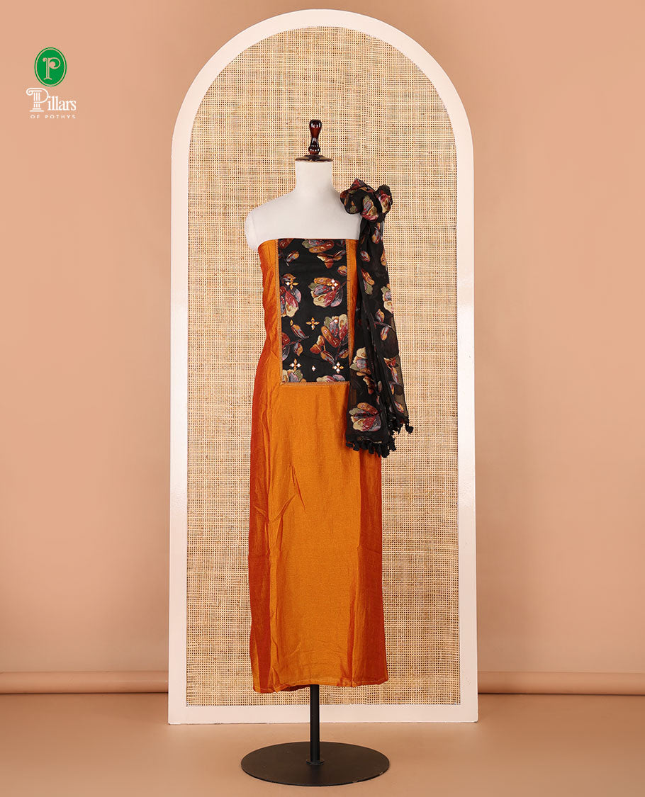 Yellow chudidhar material,brasso floral print & mirrorwork patch neck vichitra silk top,santoon bottom & brasso floral print dupatta