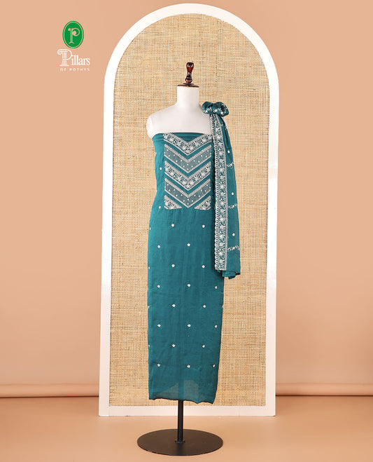 Blue Vichitra crush material chudidar set, thread & bead floral embroidery top, plain santoon bottom & floral thread embroidery dupatta