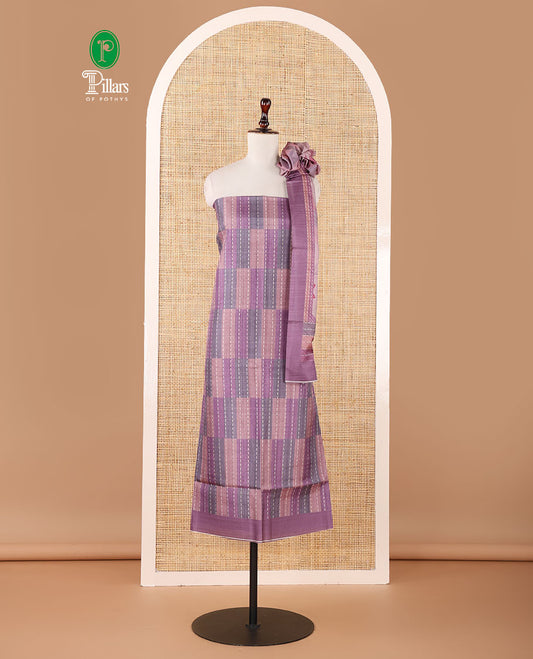 Purple semi-tussar material chudidar set,geometric & kantha print top,heathered plain bottom & dupatta of geometric & floral print
