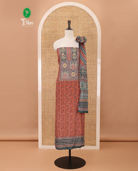 Rust material chudidar set,floral-geometric Arjrakh print & stonework Masakali crepe top,plain bottom & Arjrakh print & stonework chinon dupatta