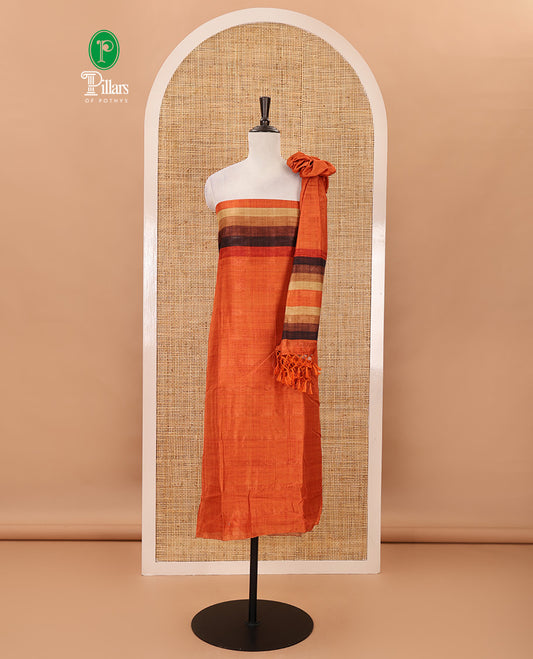 Burnt orange material chudidar set, horizontal ombre striped semi-tussar top, plain santoon bottom & horizontal ombre striped dupatta with tassels