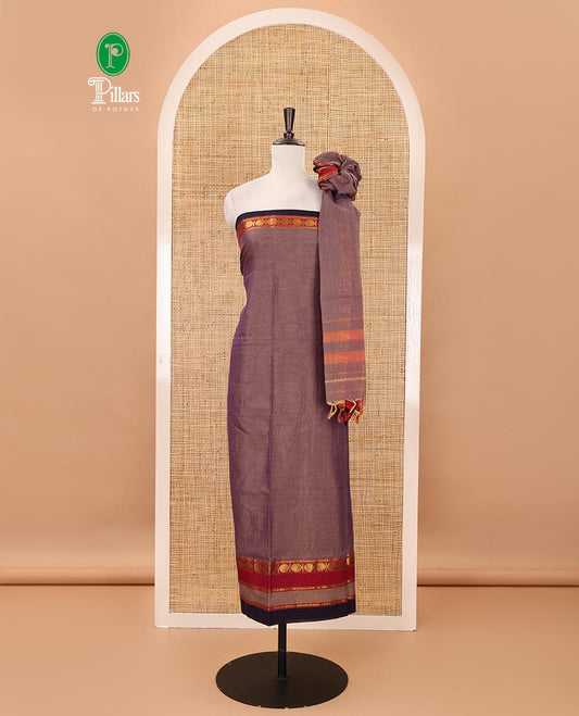 Lavender mercerized cotton material chudidar set,plain contrast traditional rudraksham border top,matching bottom & 2-sided rudraksham border dupatta