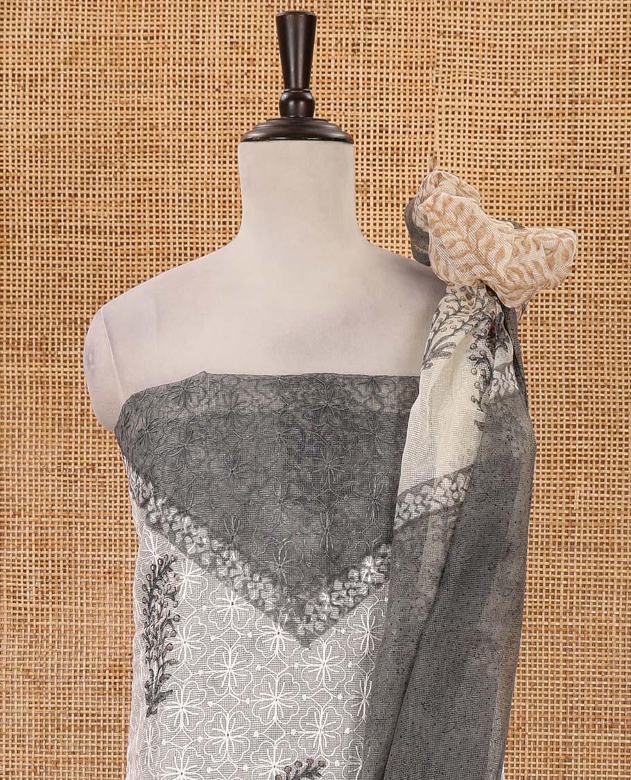 Cream-grey material chudidar set, print & chikankari-style embroidered net kota top, semi-raw silk bottom & floral print net kota dupatta