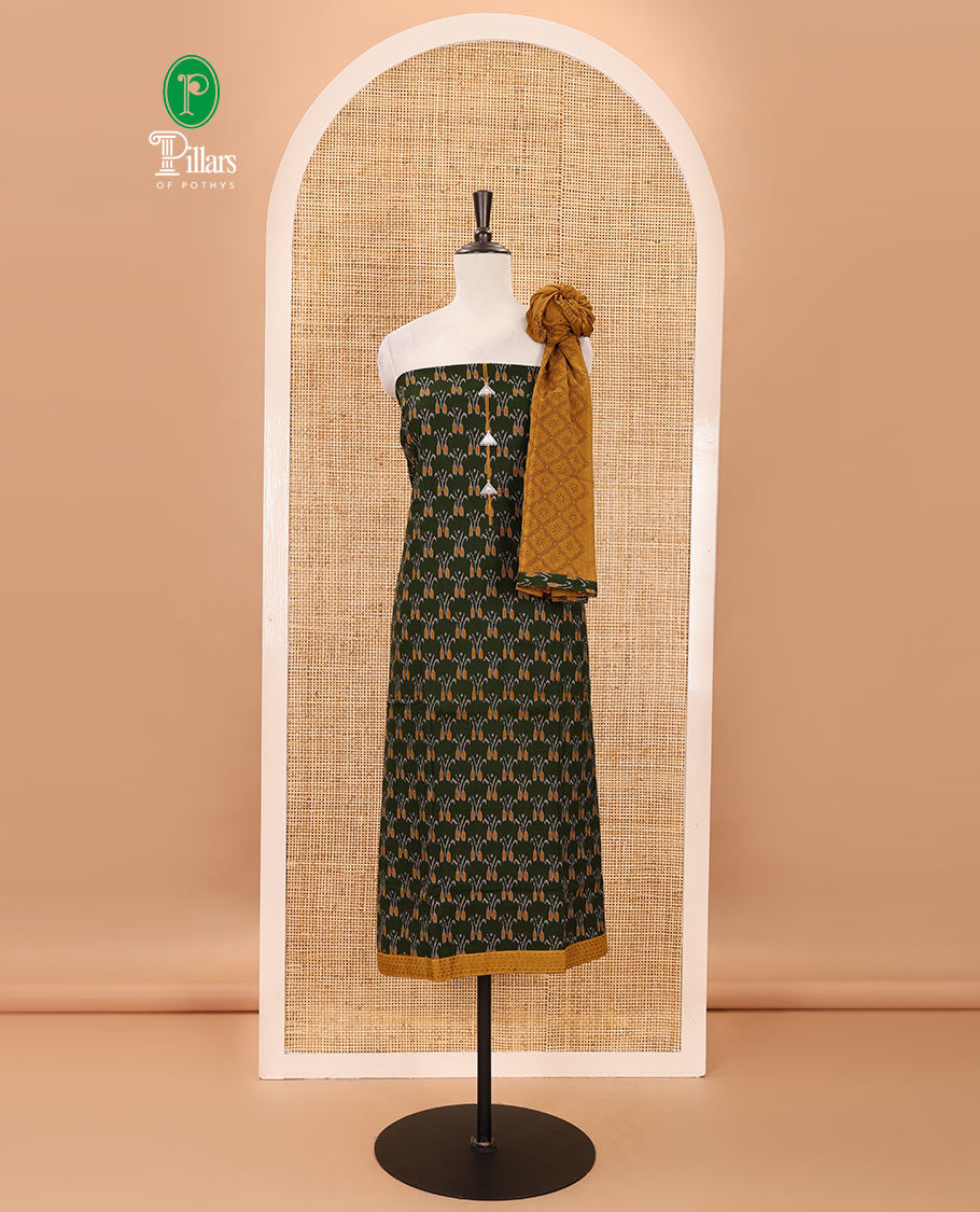 Green-mustard flex cotton material chudidar set, ikkat printed & oxidised charm woven top, contrast bottom & negative printed dupatta