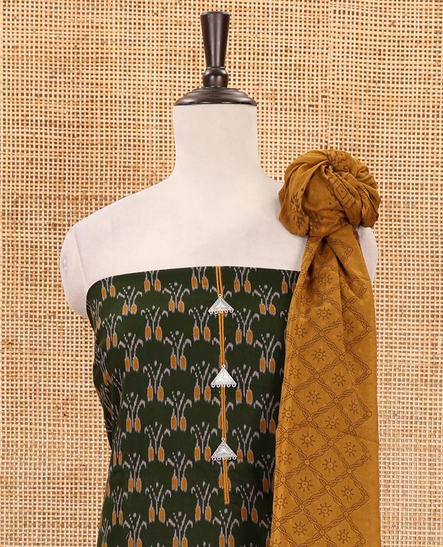 Green-mustard flex cotton material chudidar set, ikkat printed & oxidised charm woven top, contrast bottom & negative printed dupatta