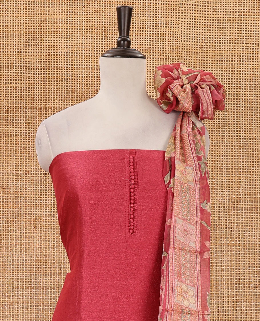 Dark peach material chudidar set, plain with neck work vichitra silk top, cotton bottom & baraso floral printed dupatta