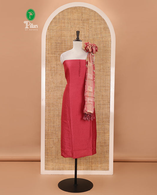 Dark peach material chudidar set, plain with neck work vichitra silk top, cotton bottom & baraso floral printed dupatta