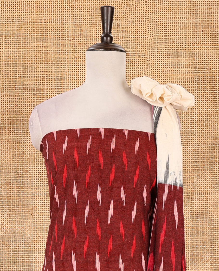 Maroon material chudidar set, unique motifs pure cotton pochampally ikkat top, contrast cream bottom & pure cotton pochampally ikkat dual-color dupatta