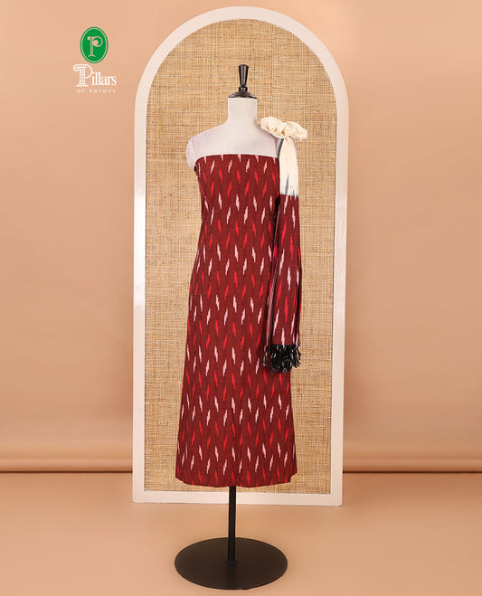 Maroon material chudidar set, unique motifs pure cotton pochampally ikkat top, contrast cream bottom & pure cotton pochampally ikkat dual-color dupatta
