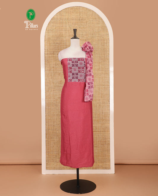 Onion pink Vichitra silk material chudidar set, brasso print & mirror embroidered neck work top, santoon bottom & four-petal floral motifs printed dupatta