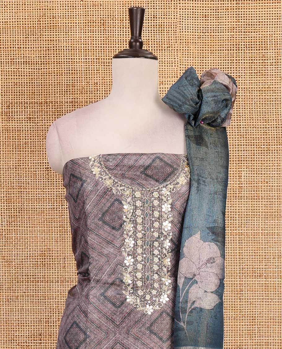 Grey and blue material chudidar set, geometric digital printed with neck embroidered Shimmer tissue top, santoon bottom, and floral printed Shimmer tissue dupatta
