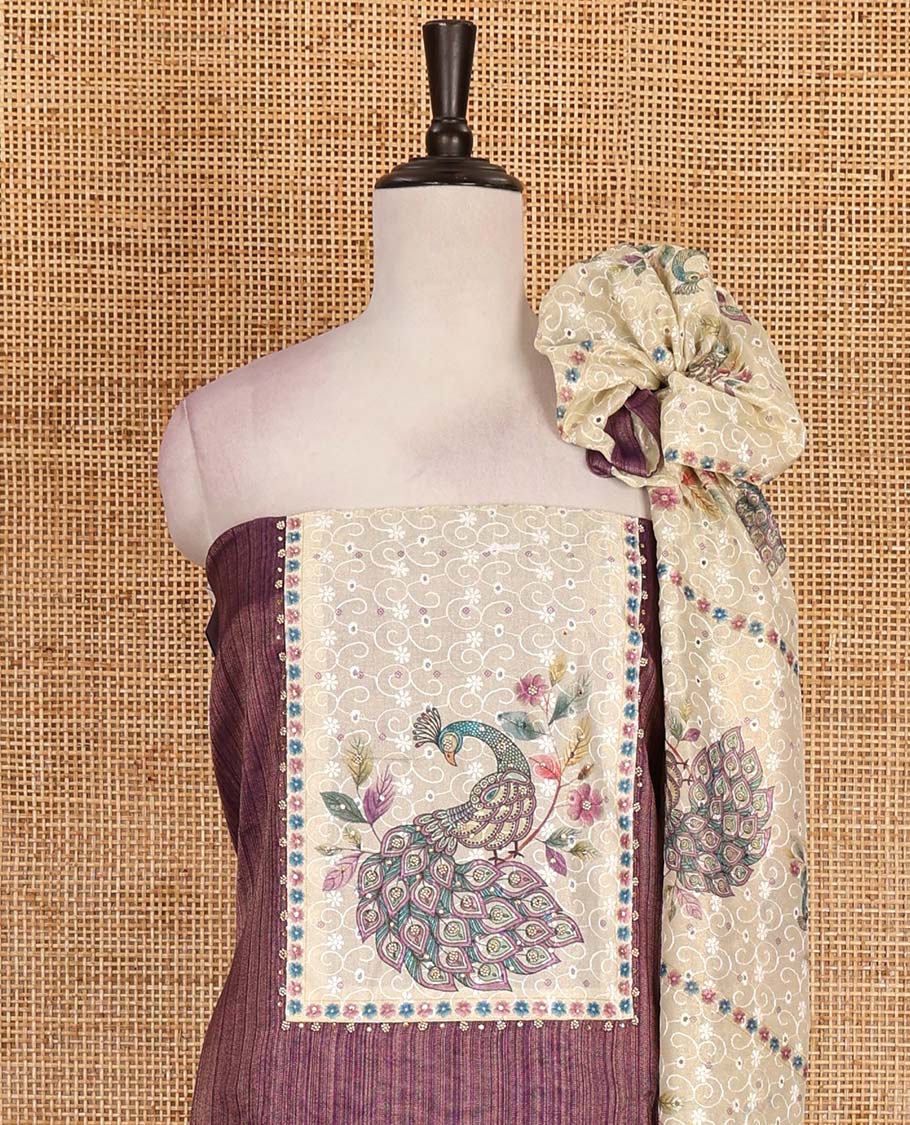 Wine tissue material chudidar set, peacock printed with neck patch embroidered top, plain bottom, dupatta of peacock print, and cut work