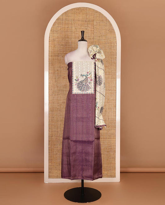 Wine tissue material chudidar set, peacock printed with neck patch embroidered top, plain bottom, dupatta of peacock print, and cut work