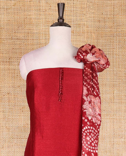 Maroon material chudidar set, plain with fancy thermacol balls neck work Vichitra top, cotton bottom, and floral with bandhani printed dupatta