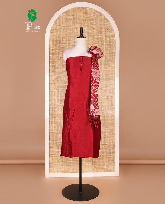 Maroon material chudidar set, plain with fancy thermacol balls neck work Vichitra top, cotton bottom, and floral with bandhani printed dupatta