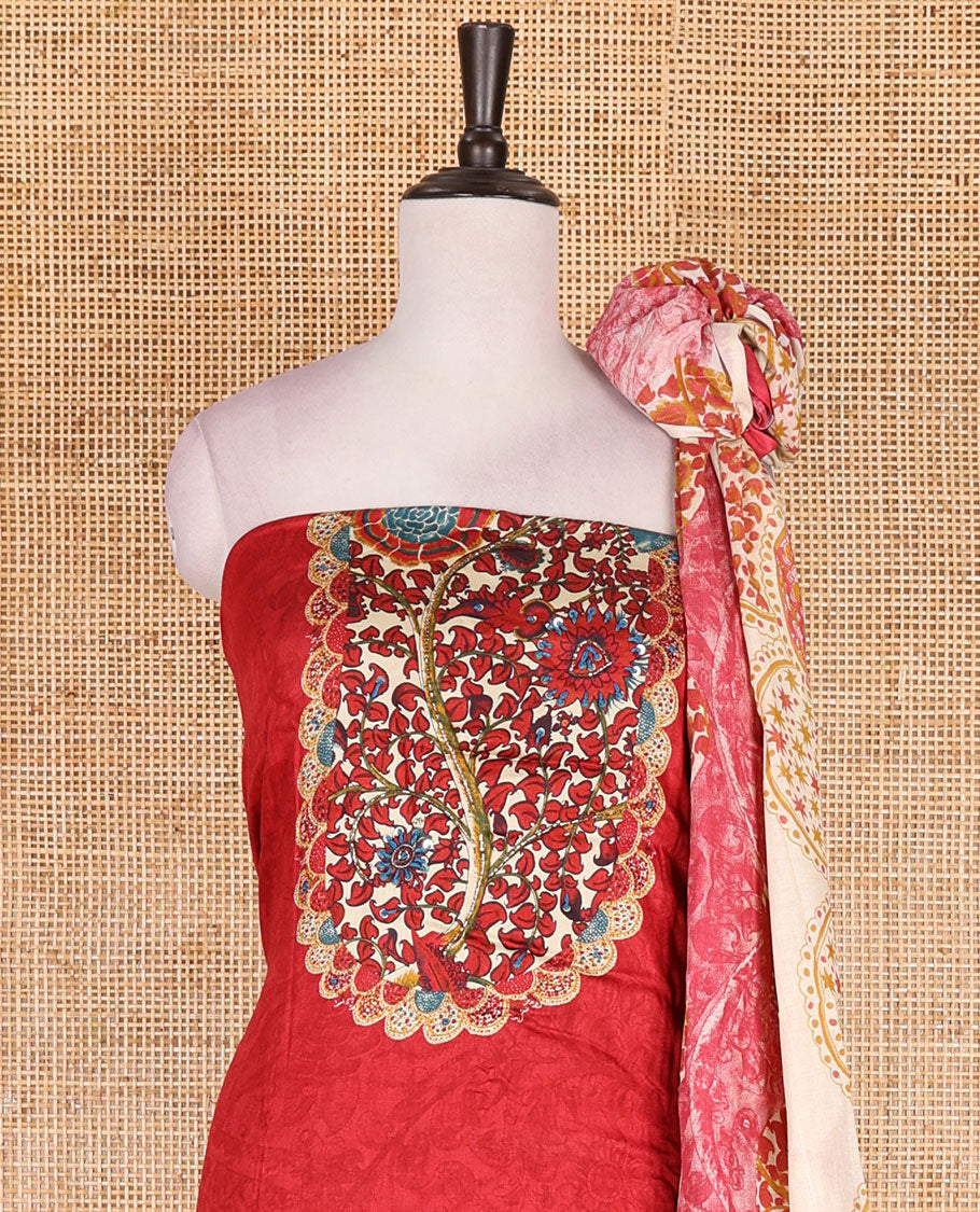 Rani pink pure cotton material chudidar set, floral print with french knot and bead work top, plain cotton bottom, and floral-geometric printed dupatta
