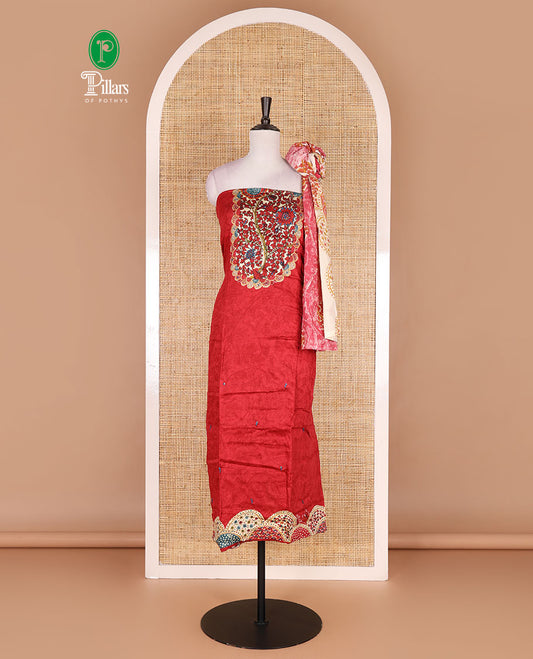 Rani pink pure cotton material chudidar set, floral print with french knot and bead work top, plain cotton bottom, and floral-geometric printed dupatta